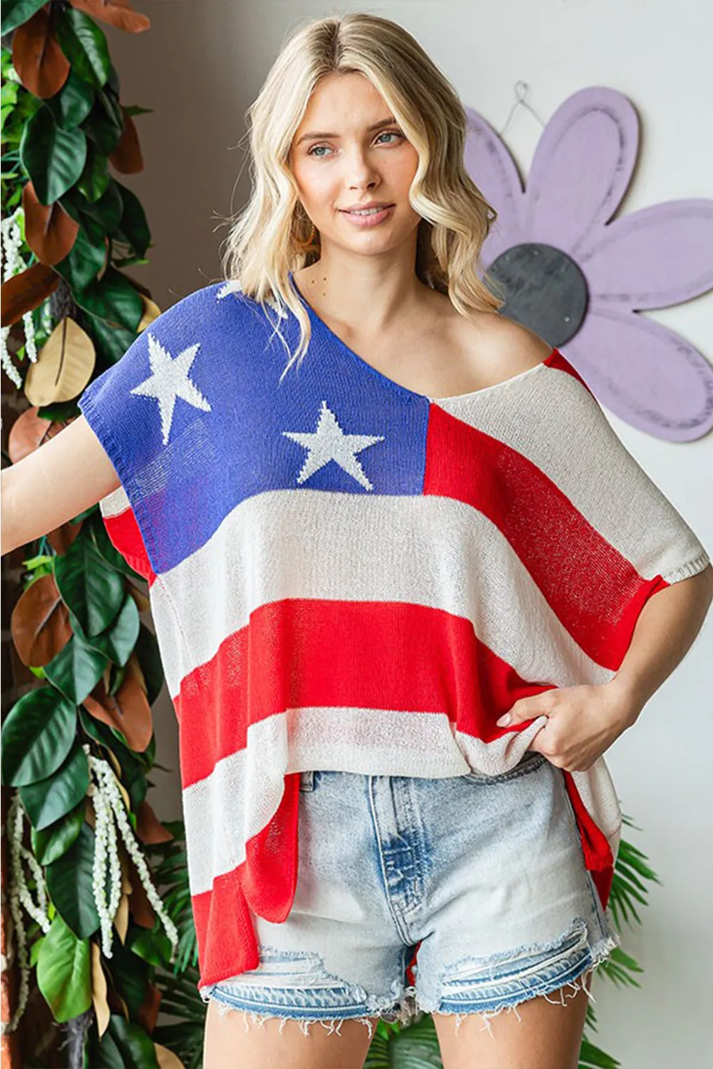 USA Flag Knit Top with Drop Shoulders