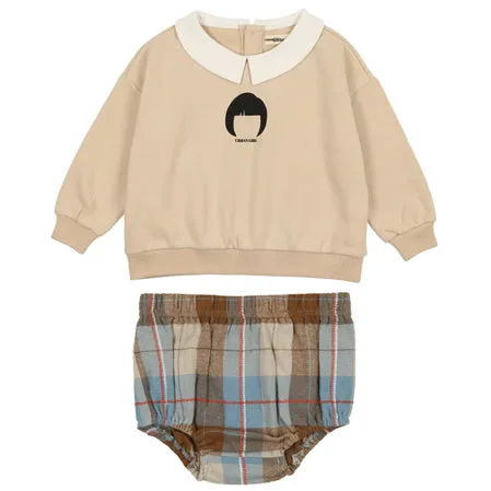 Light Blue Plaid Bloomers with Cream Collared Sweatshirt Set