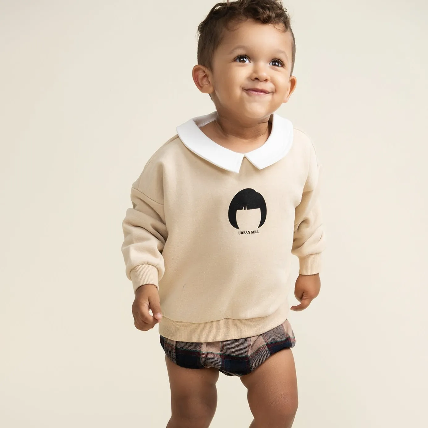 Light Blue Plaid Bloomers with Cream Collared Sweatshirt Set