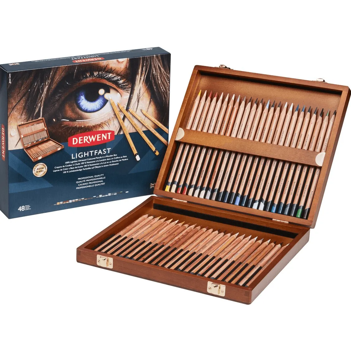 High-Quality Wooden Box Set with 48 Derwent Lightfast Colored Pencils