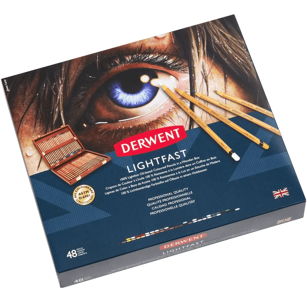 High-Quality Wooden Box Set with 48 Derwent Lightfast Colored Pencils