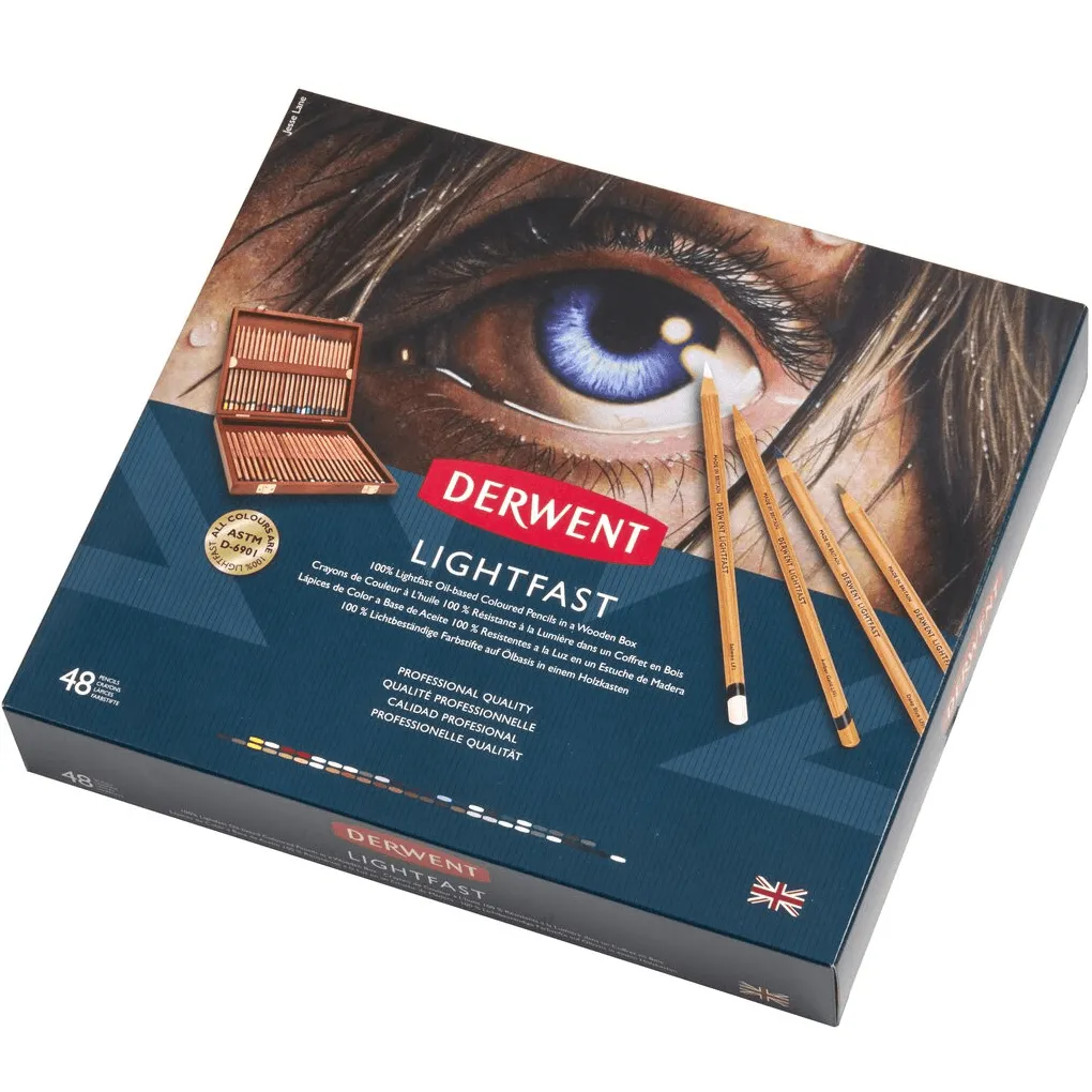 High-Quality Wooden Box Set with 48 Derwent Lightfast Colored Pencils