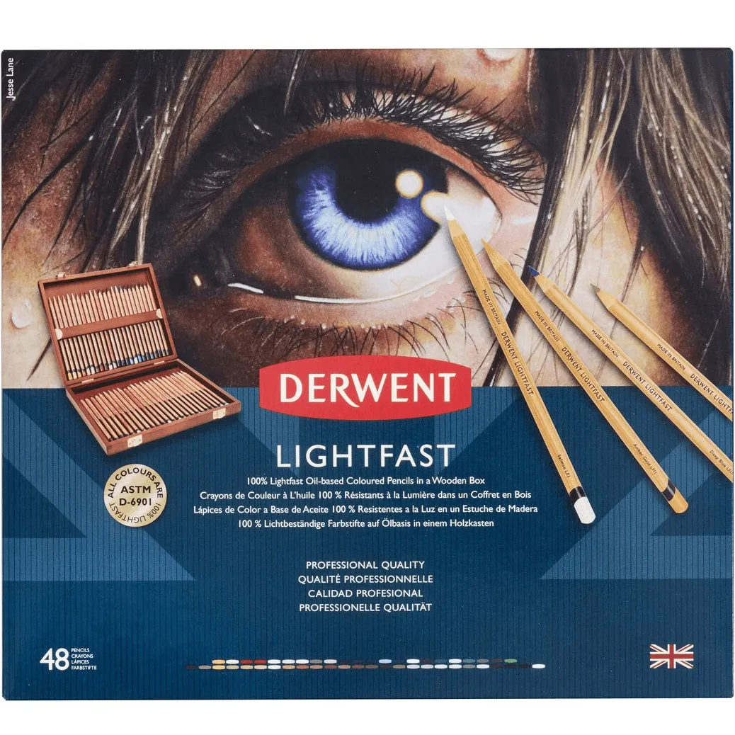 High-Quality Wooden Box Set with 48 Derwent Lightfast Colored Pencils