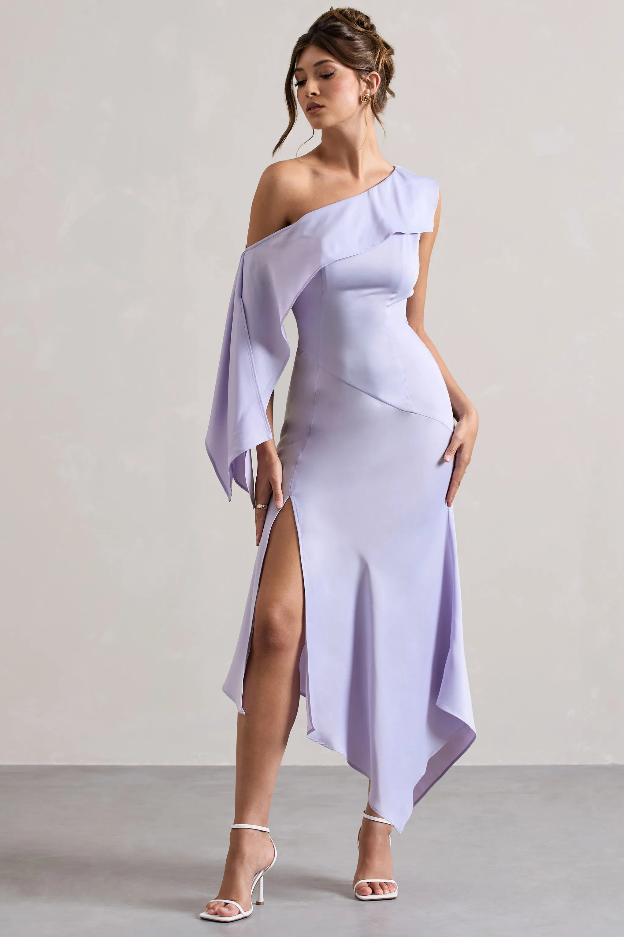 Maxi Dress in Lilac Satin with Asymmetric Draping and Split