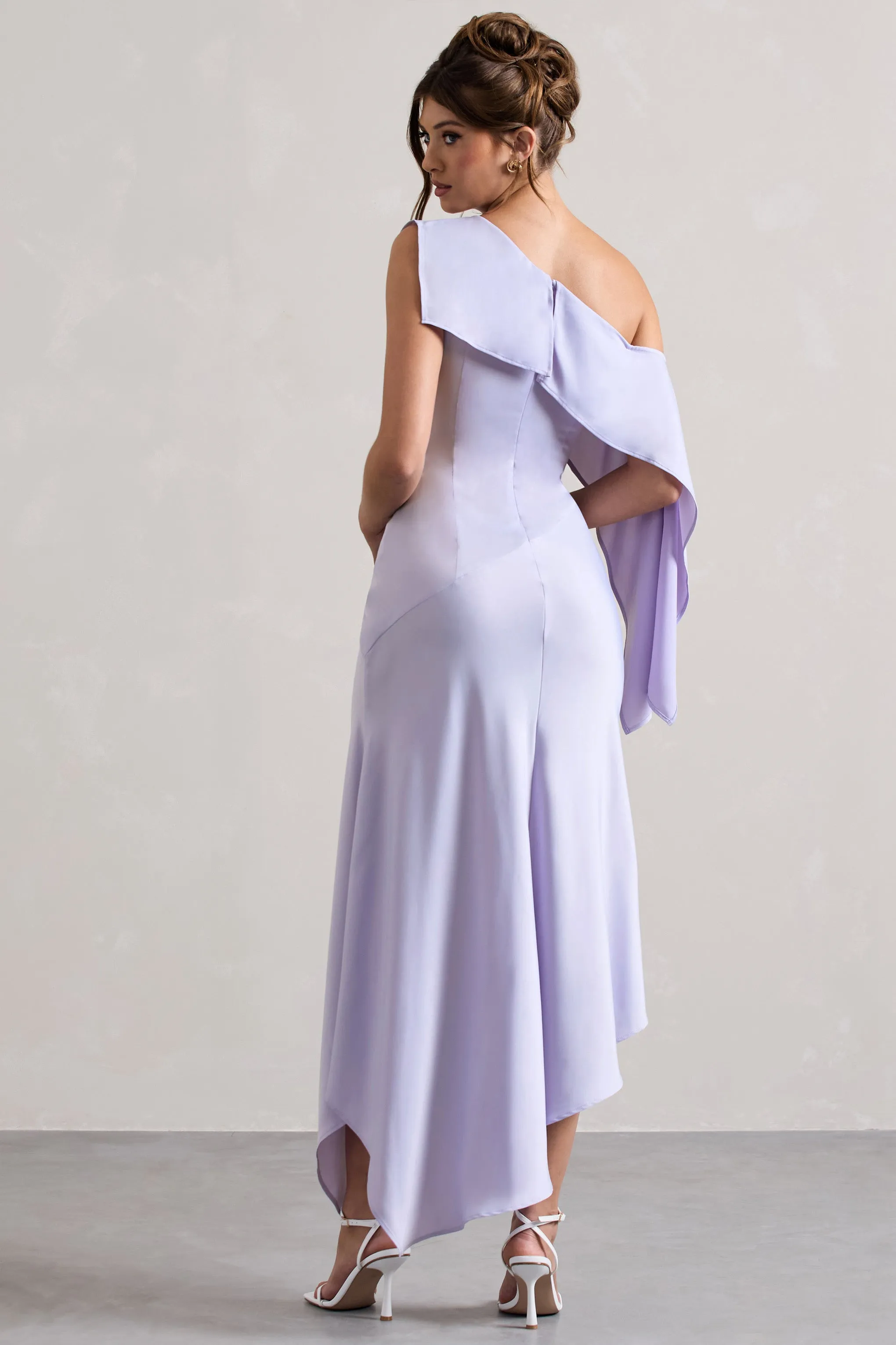 Maxi Dress in Lilac Satin with Asymmetric Draping and Split