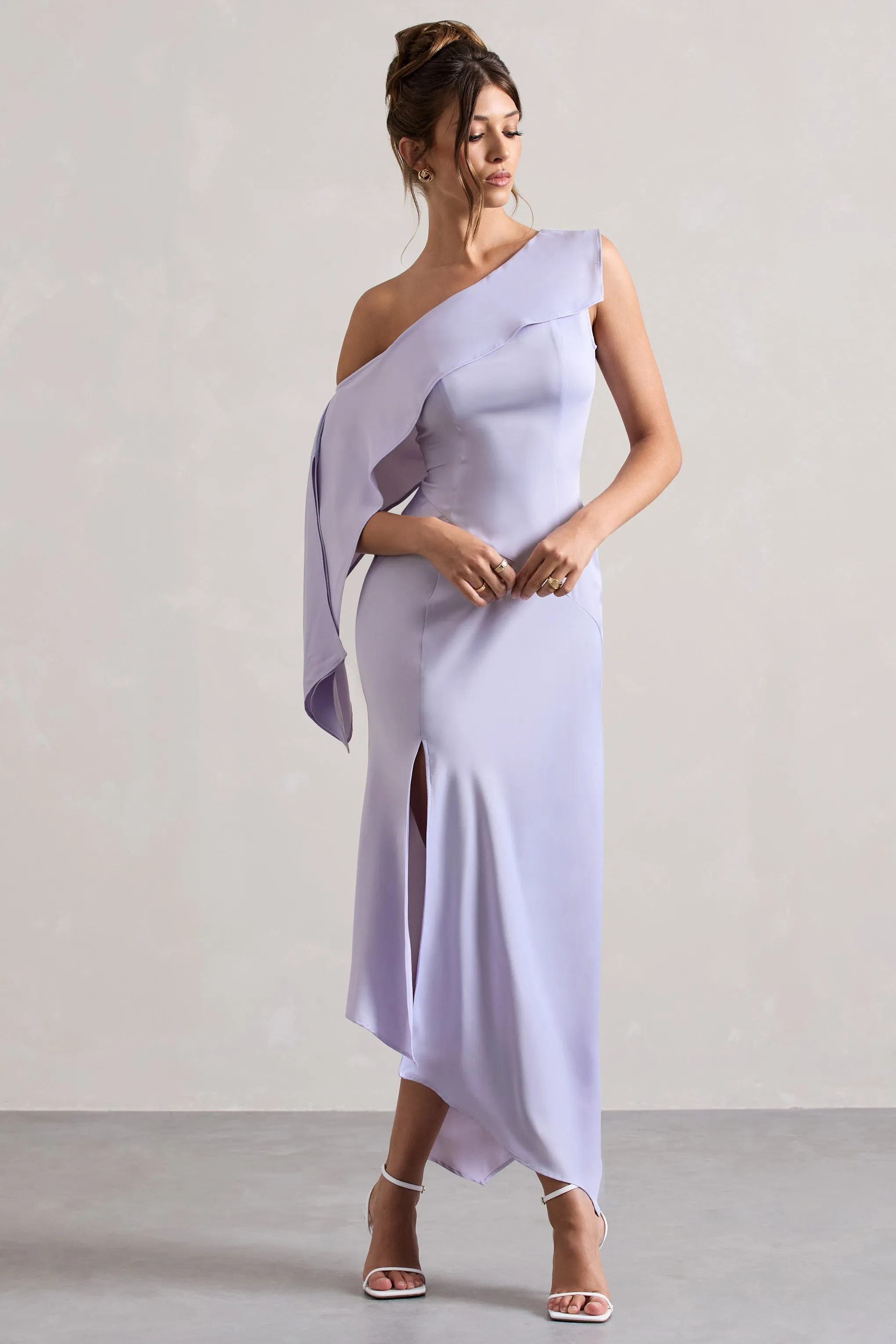 Maxi Dress in Lilac Satin with Asymmetric Draping and Split