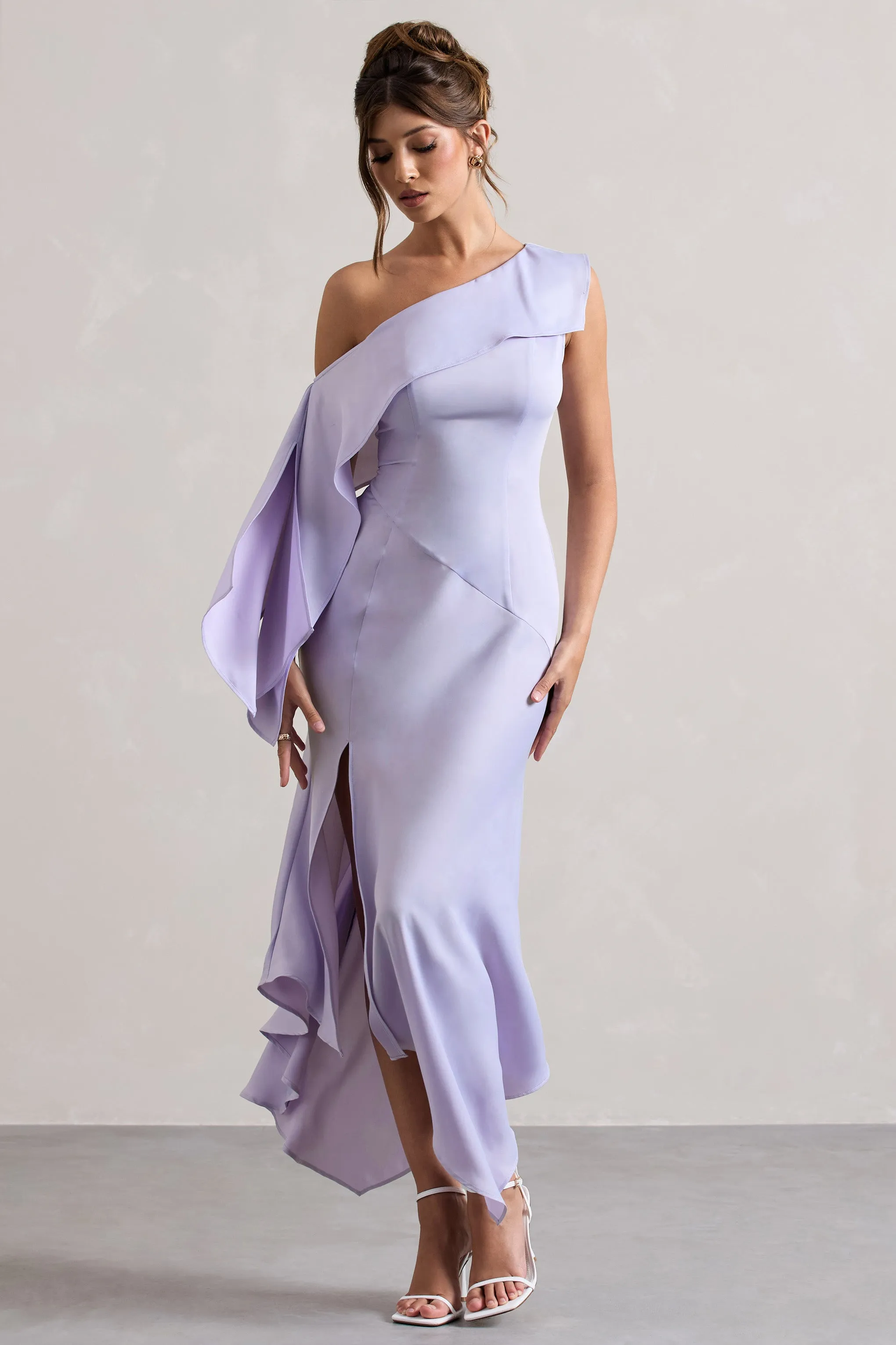 Maxi Dress in Lilac Satin with Asymmetric Draping and Split