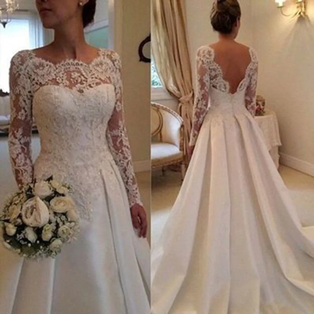 Long A-line Bateau Neck V-back Long Sleeve Clairvoyant Outfit Lace Top Satin Wedding Party Dress, WD0043