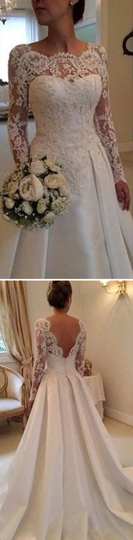 Long A-line Bateau Neck V-back Long Sleeve Clairvoyant Outfit Lace Top Satin Wedding Party Dress, WD0043