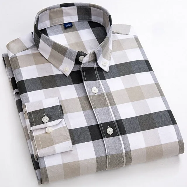 Men's Standard-Fit Long Sleeve Plaid Striped Shirt with Cotton Square Collar