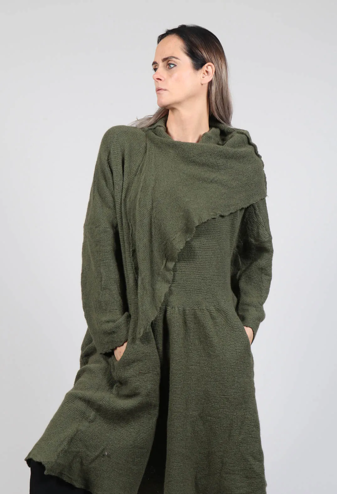 Olive Jumper Dress with Elegant Ascot Neck