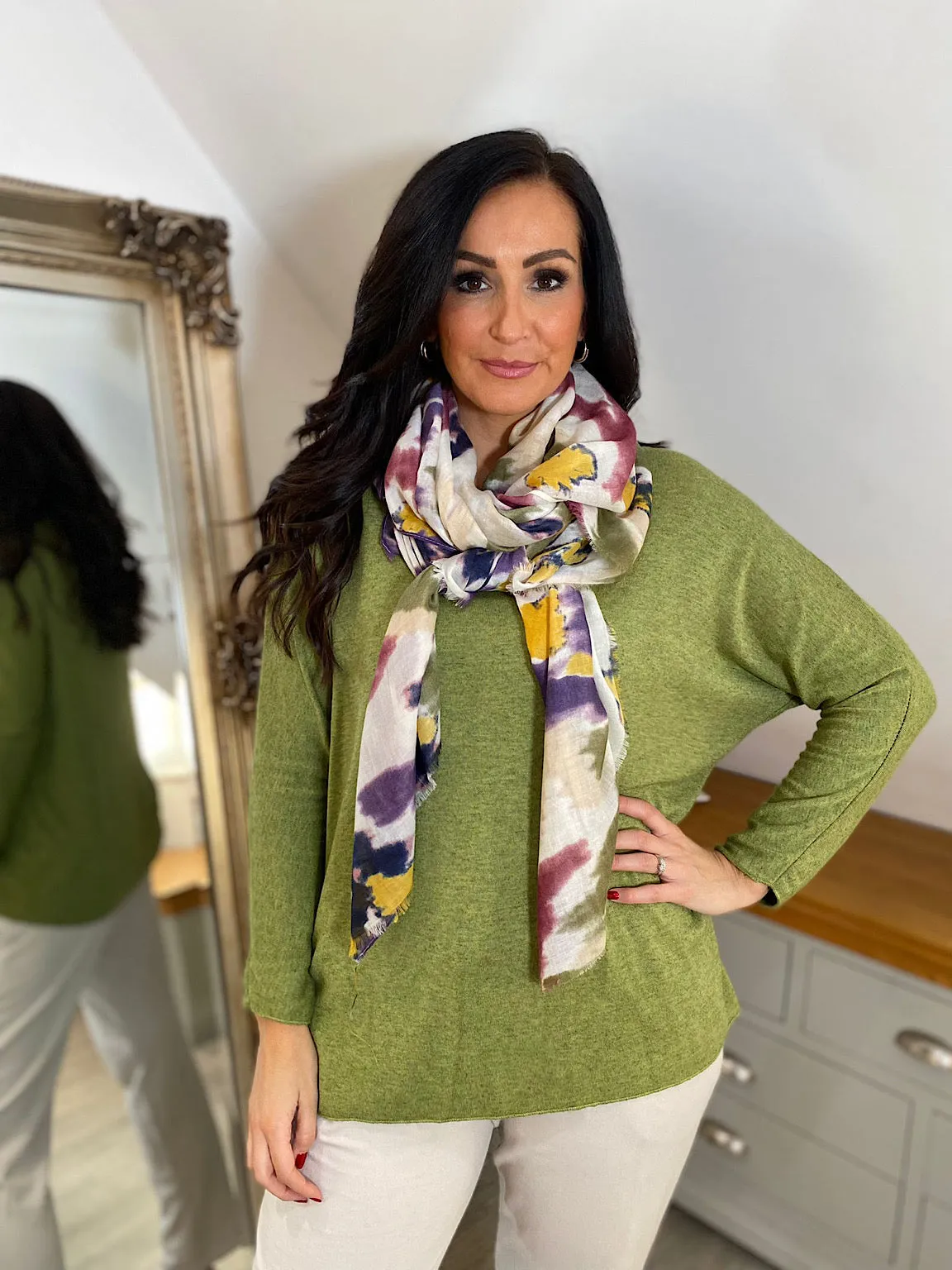 V Neck Knit Top in Olive Color