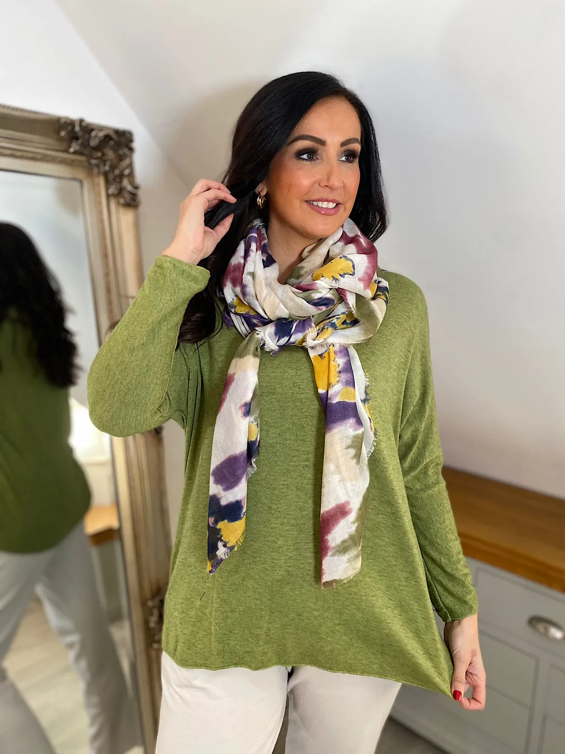 V Neck Knit Top in Olive Color