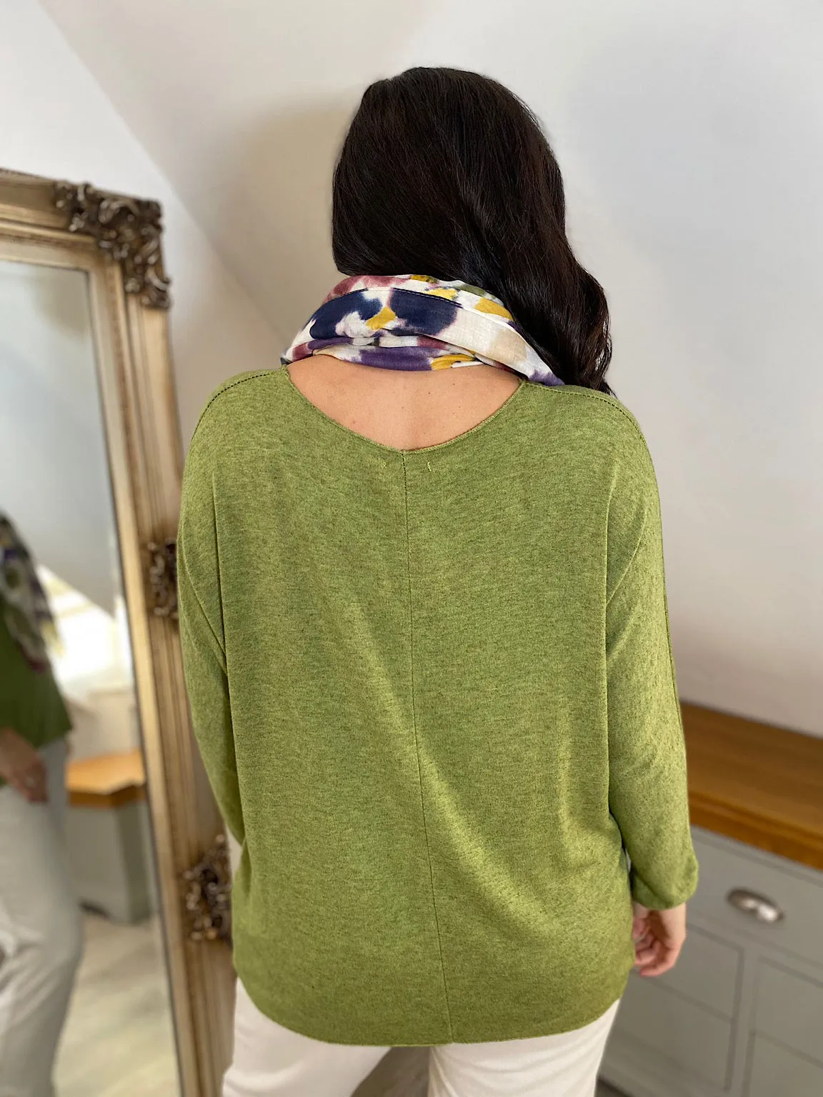 V Neck Knit Top in Olive Color