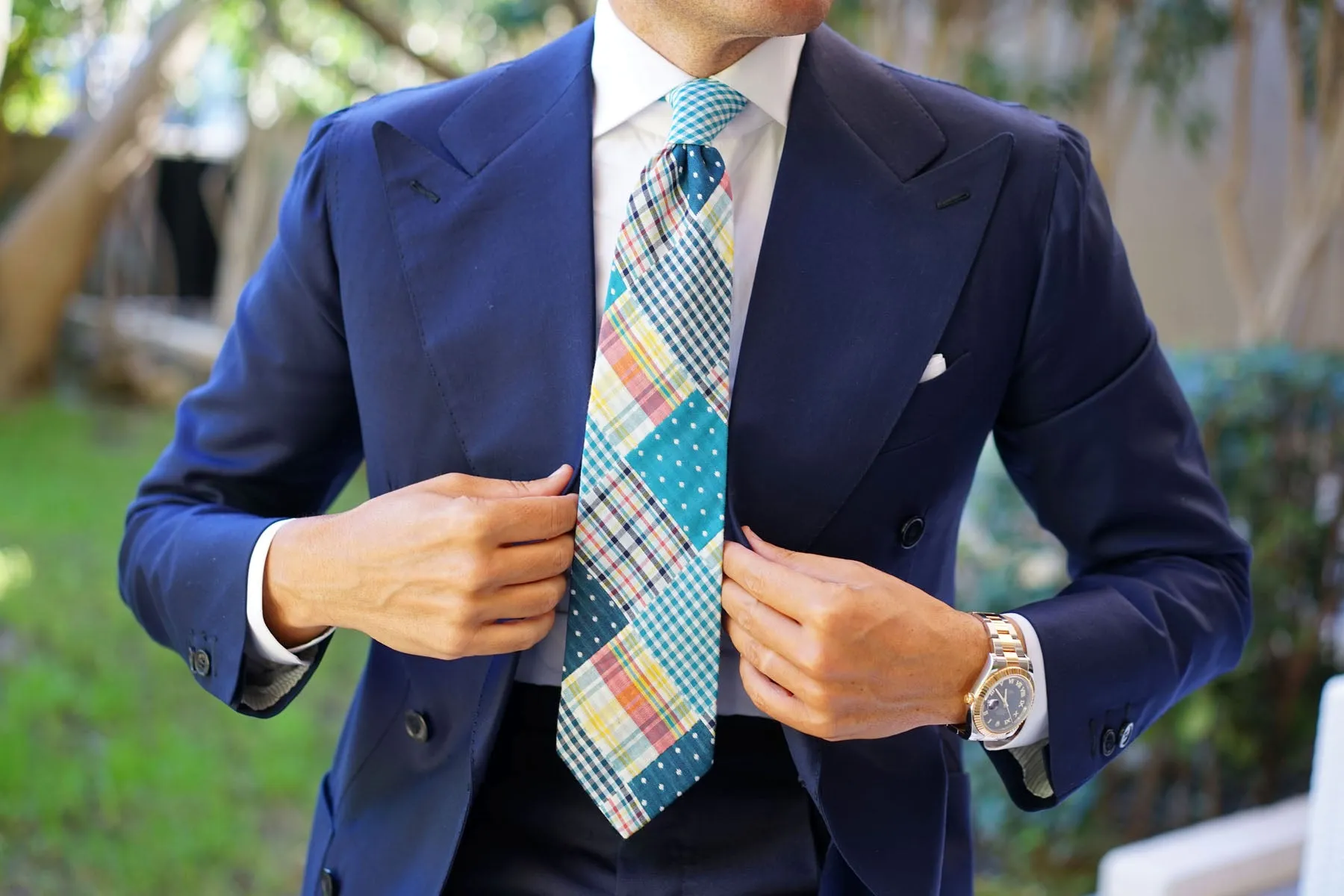 Blue Gingham Cotton Polka Dot Necktie