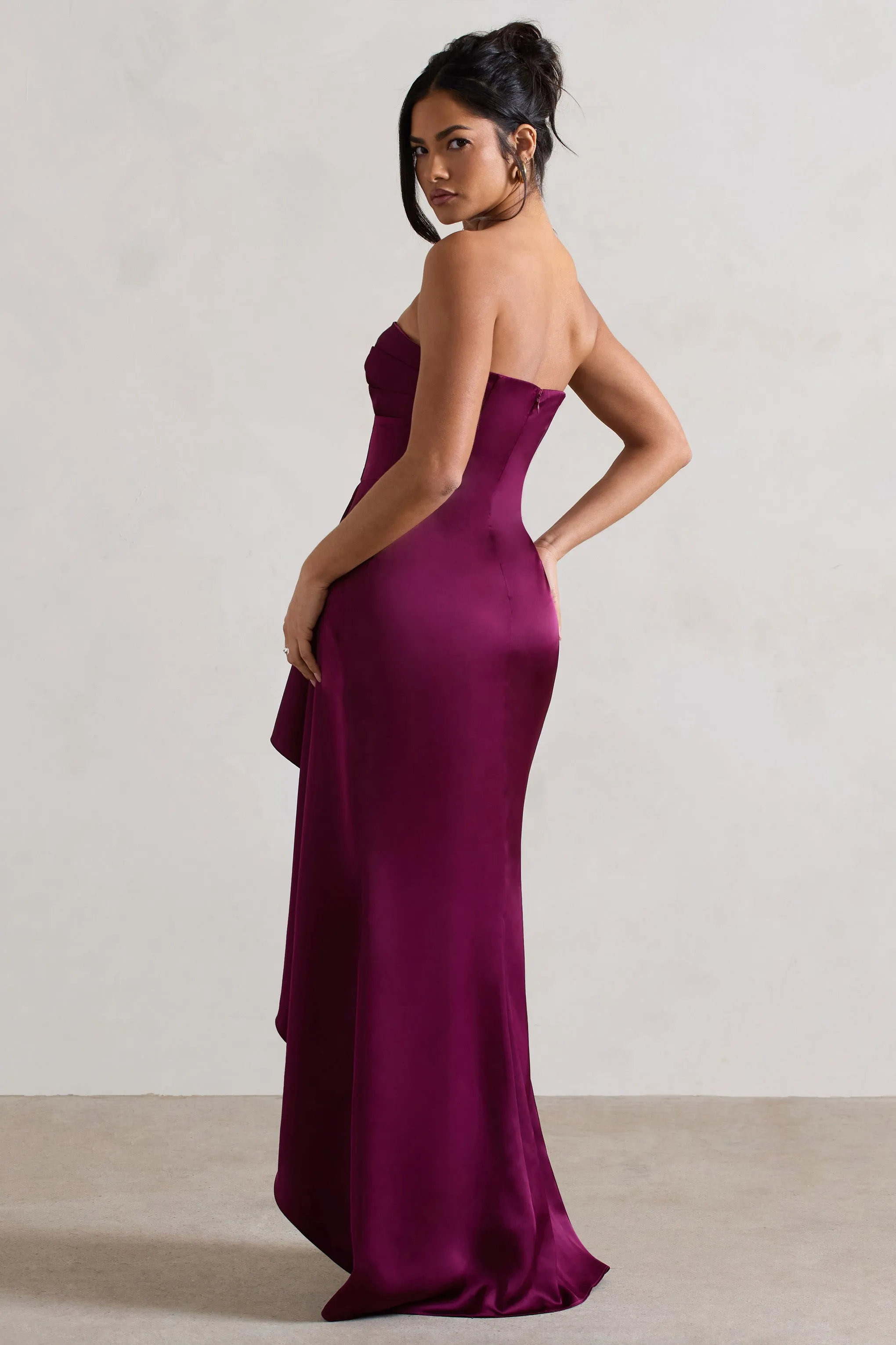 Plum Satin Bandeau Split Maxi Dress With Ruffle Drape