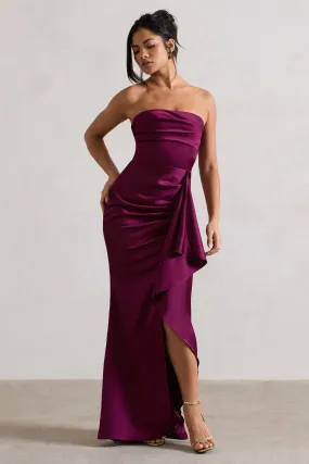 Plum Satin Bandeau Split Maxi Dress With Ruffle Drape