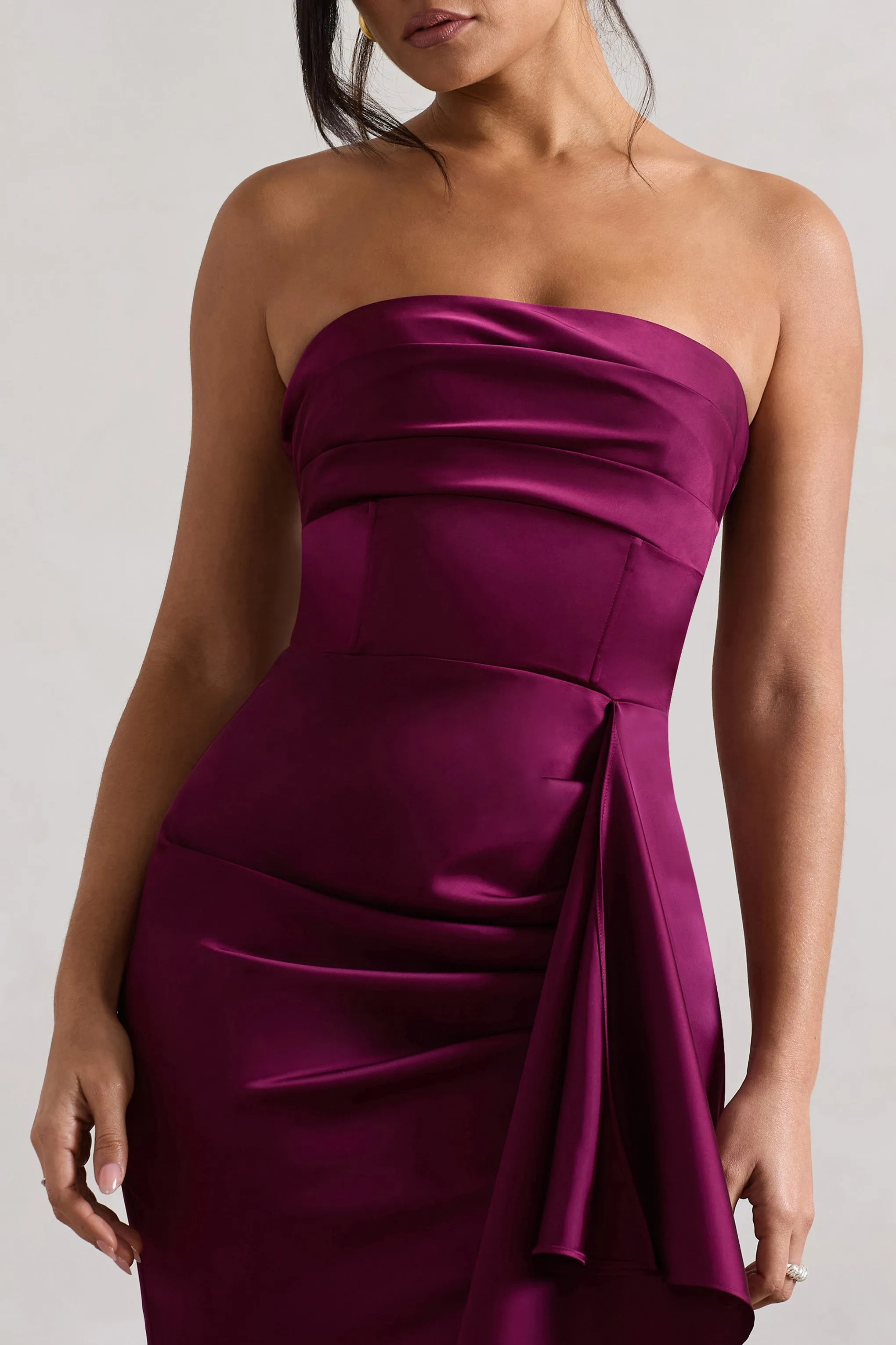 Plum Satin Bandeau Split Maxi Dress With Ruffle Drape