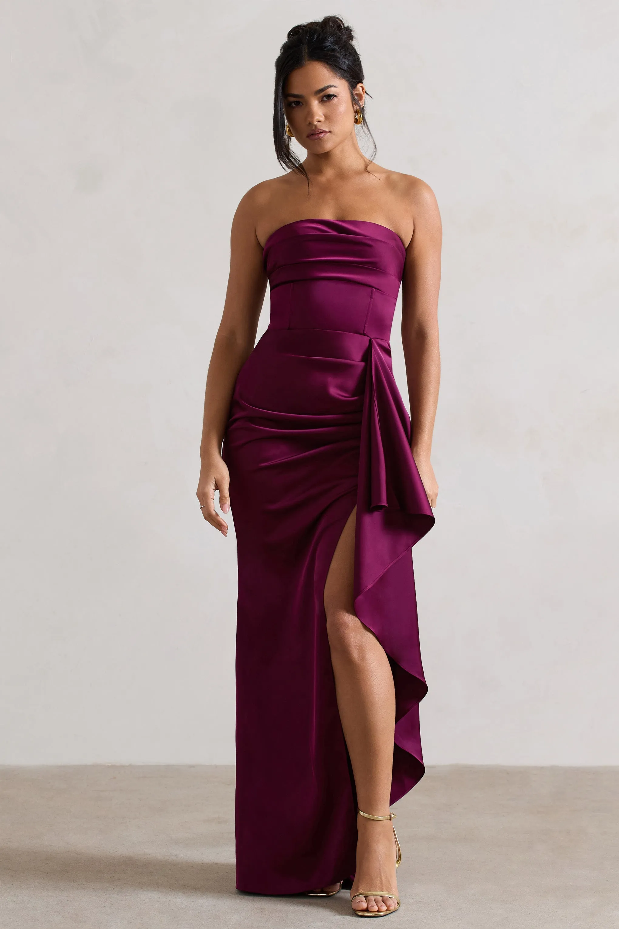 Plum Satin Bandeau Split Maxi Dress With Ruffle Drape