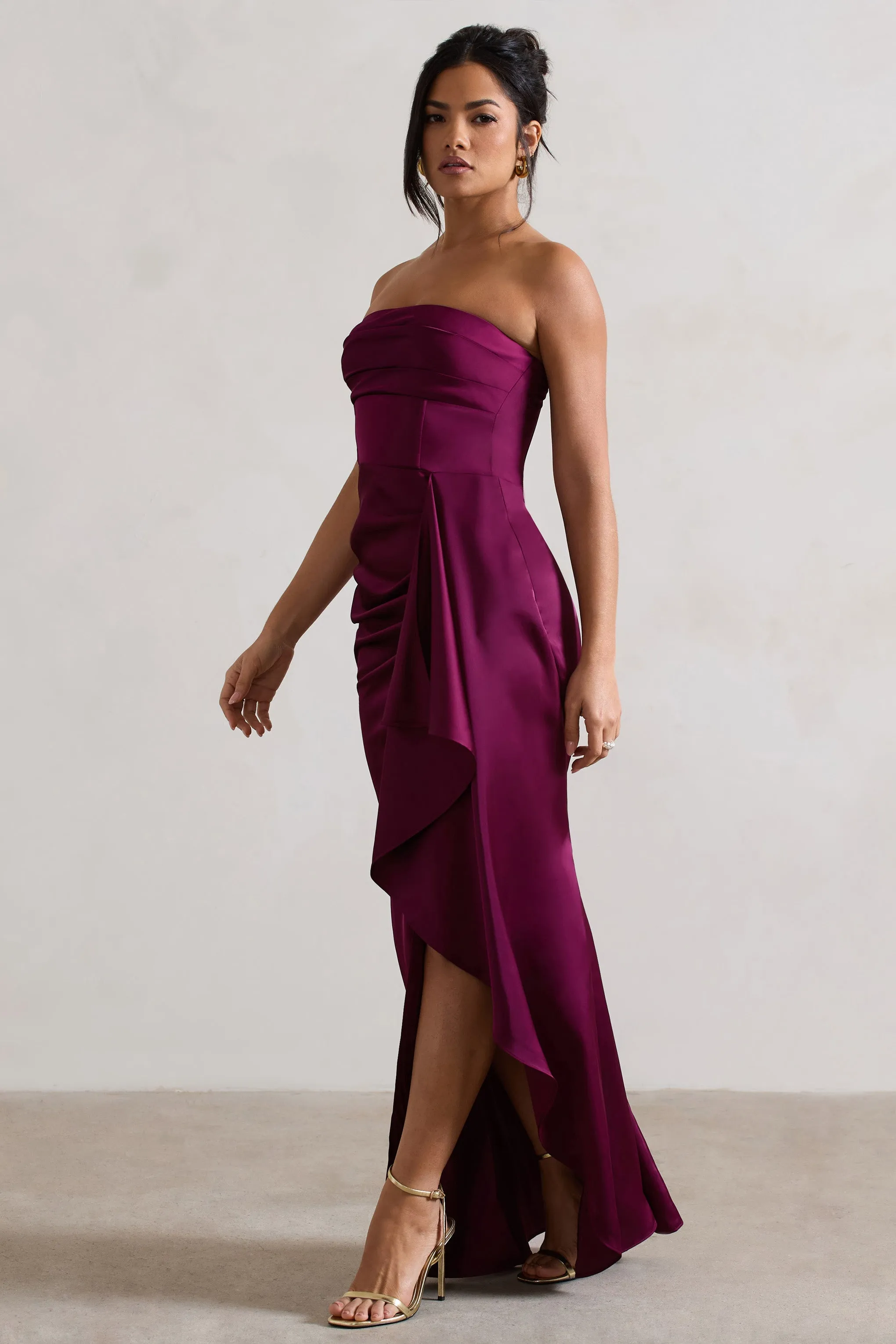 Plum Satin Bandeau Split Maxi Dress With Ruffle Drape