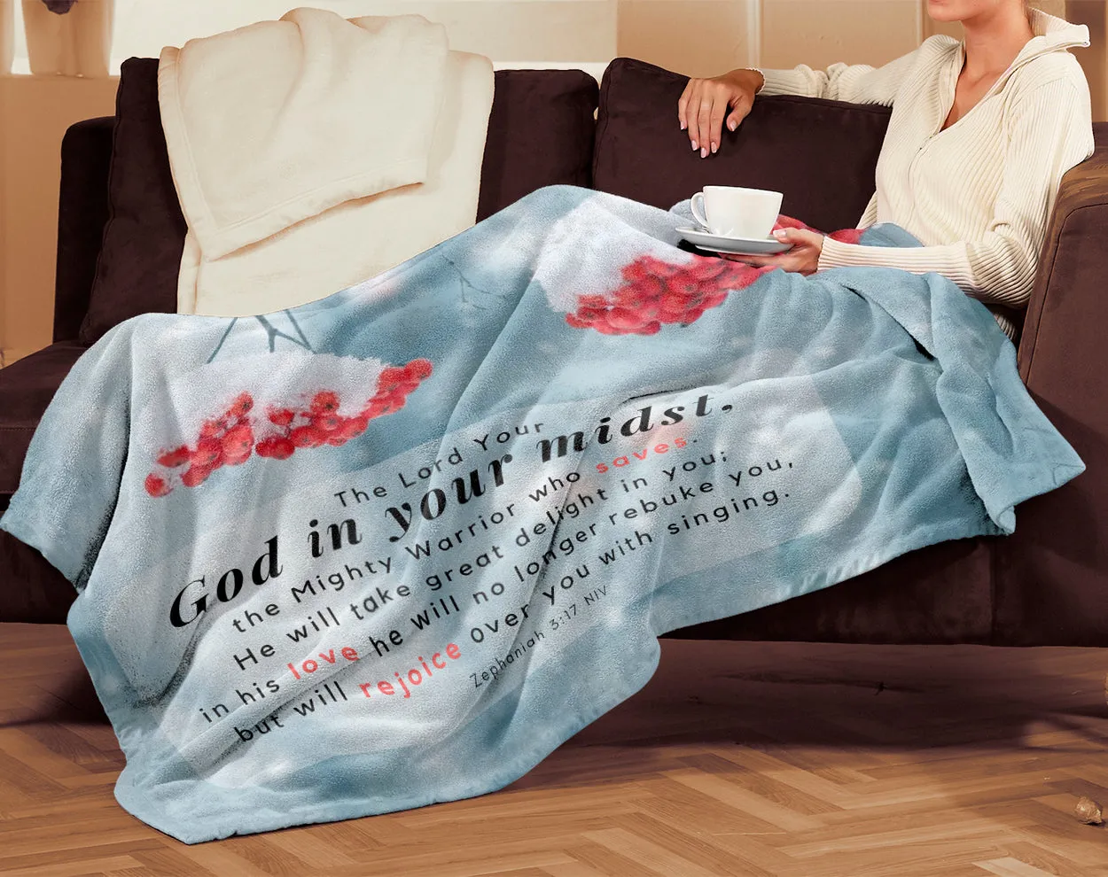 Premium Sherpa Mink Blanket embroidered with God In Your Midst Zephaniah 3:17