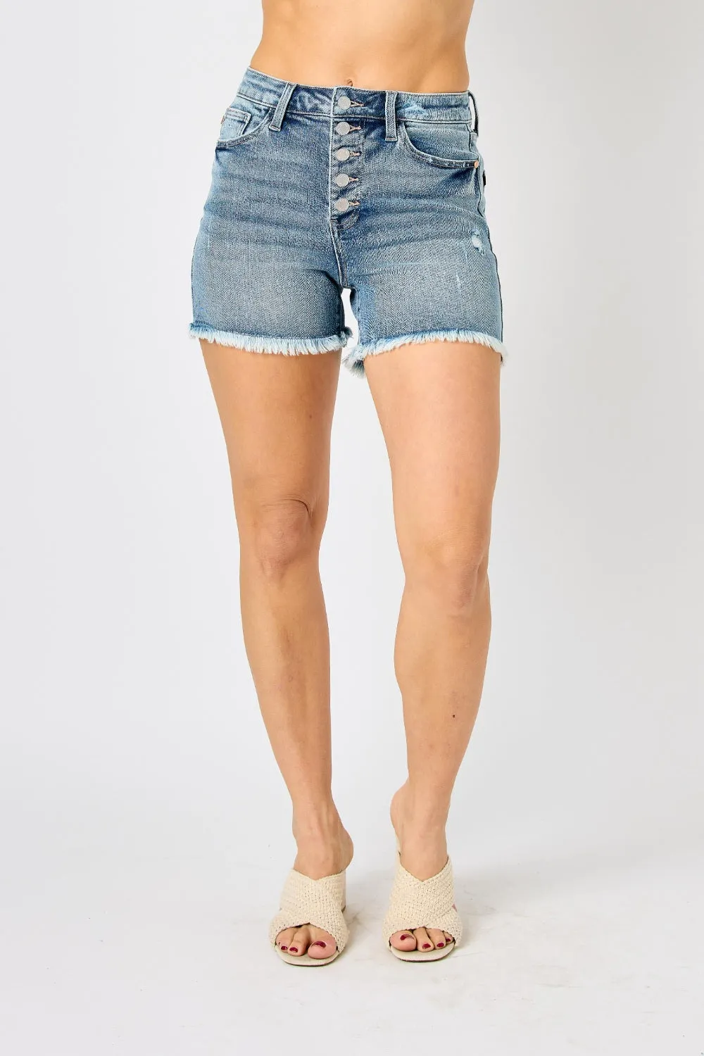 Raw Hem Button-Fly Denim Shorts by Judy Blue