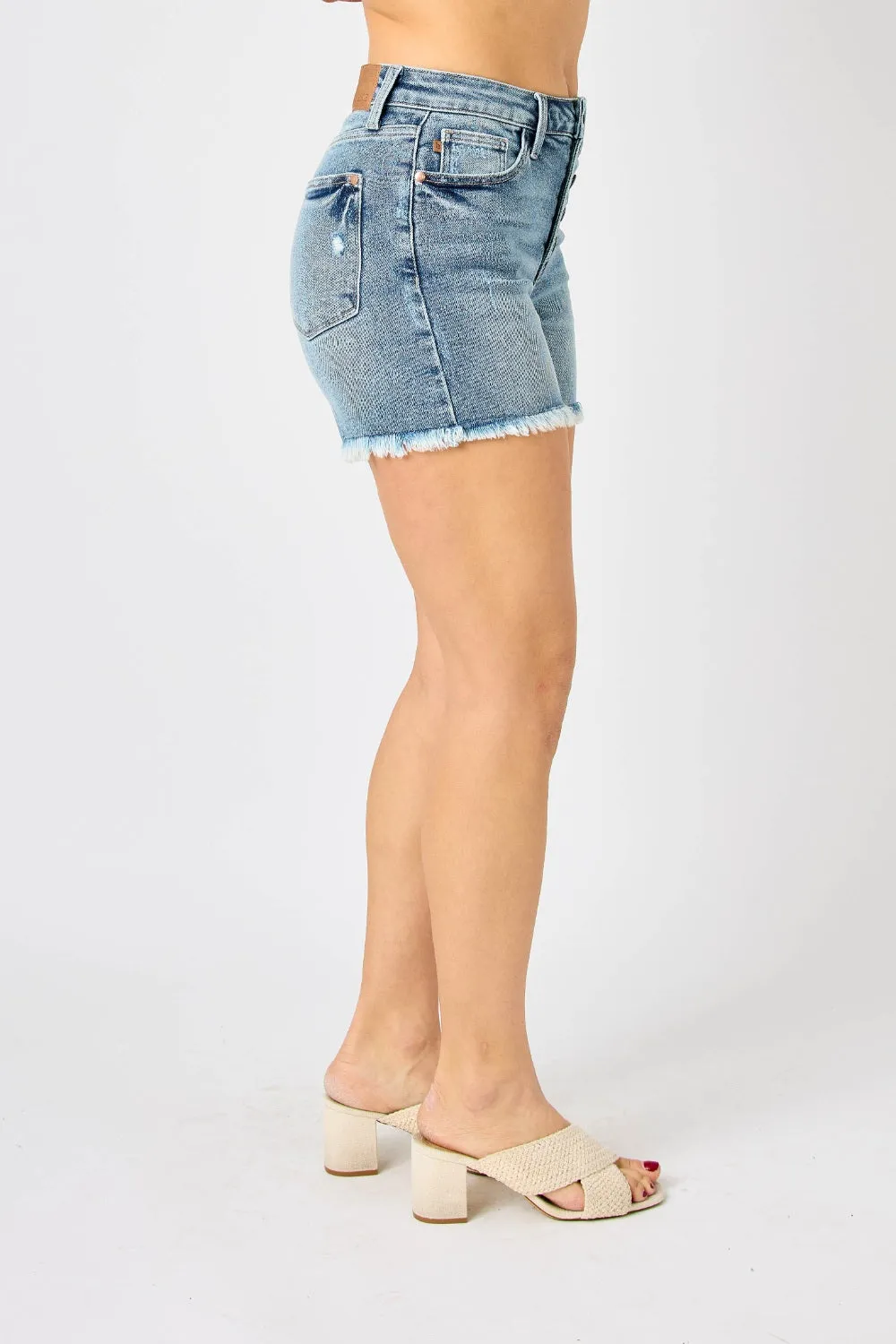 Raw Hem Button-Fly Denim Shorts by Judy Blue