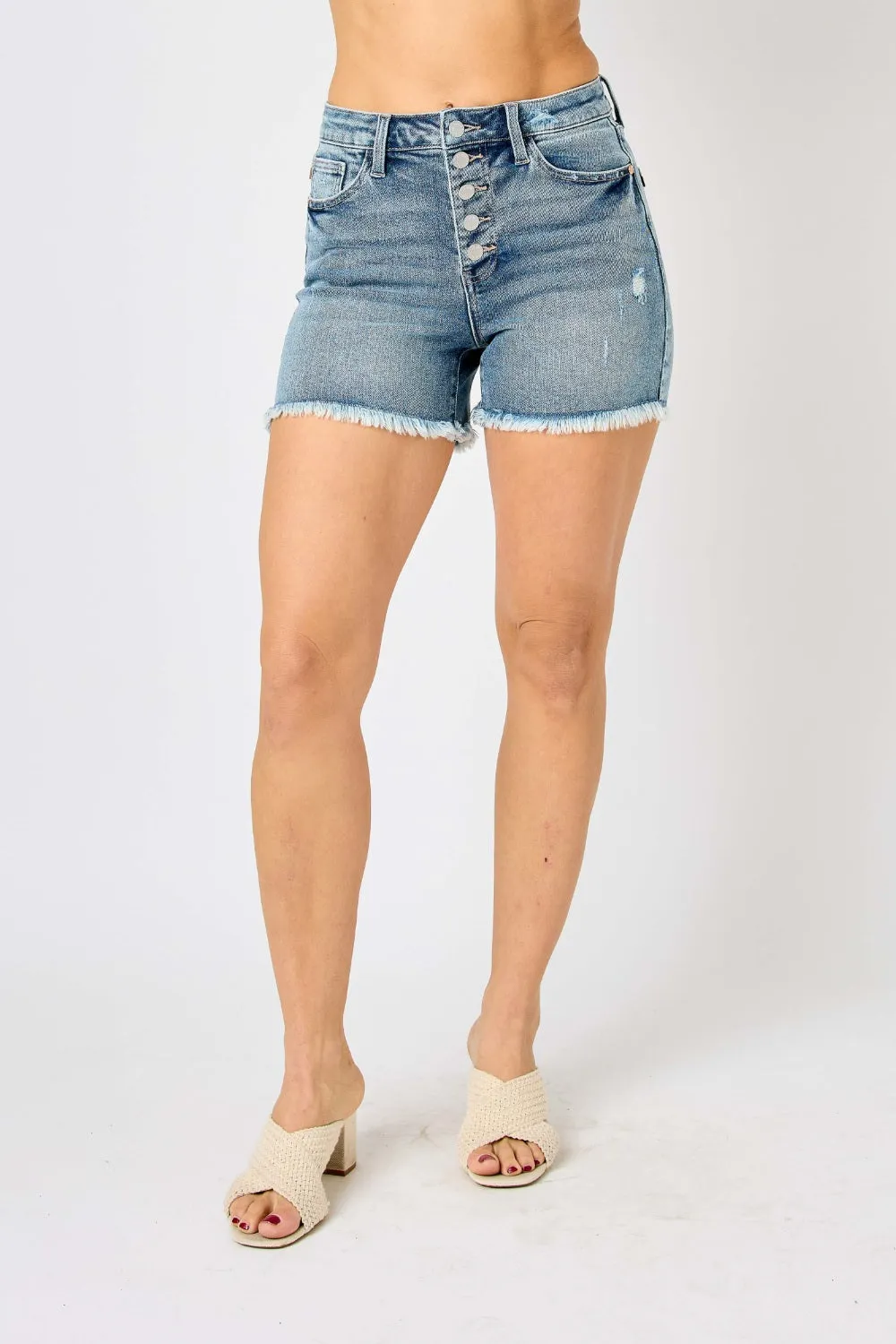 Raw Hem Button-Fly Denim Shorts by Judy Blue