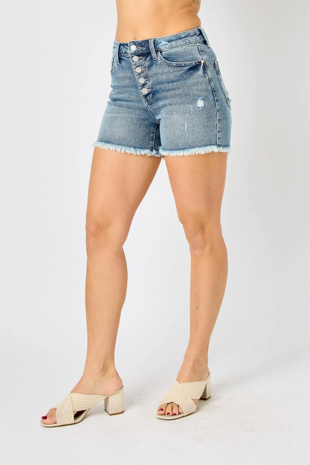 Raw Hem Button-Fly Denim Shorts by Judy Blue