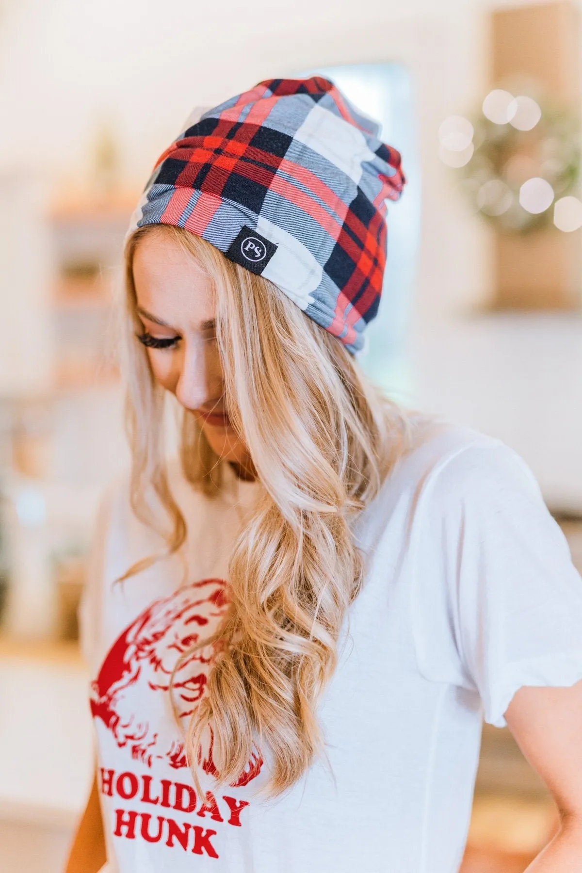 Plaid Beanie in Red & Blue