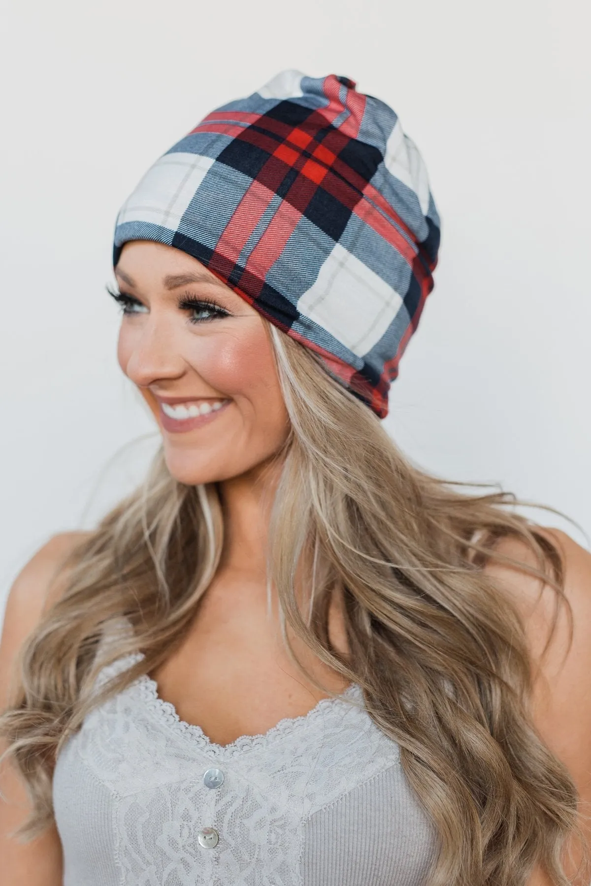 Plaid Beanie in Red & Blue