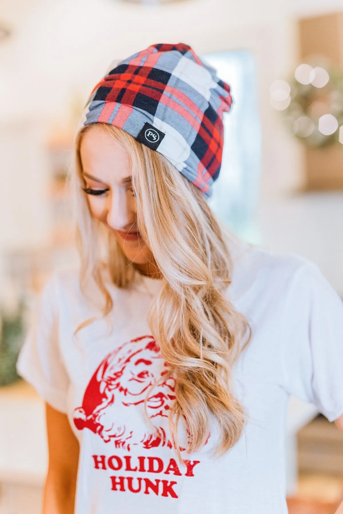 Plaid Beanie in Red & Blue