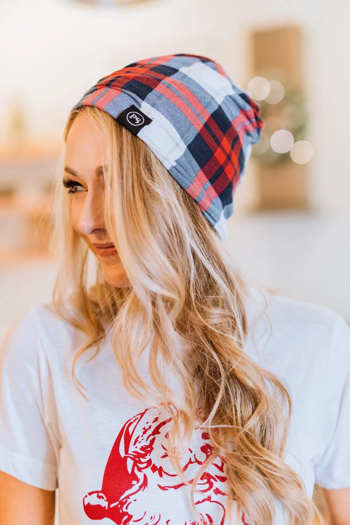 Plaid Beanie in Red & Blue