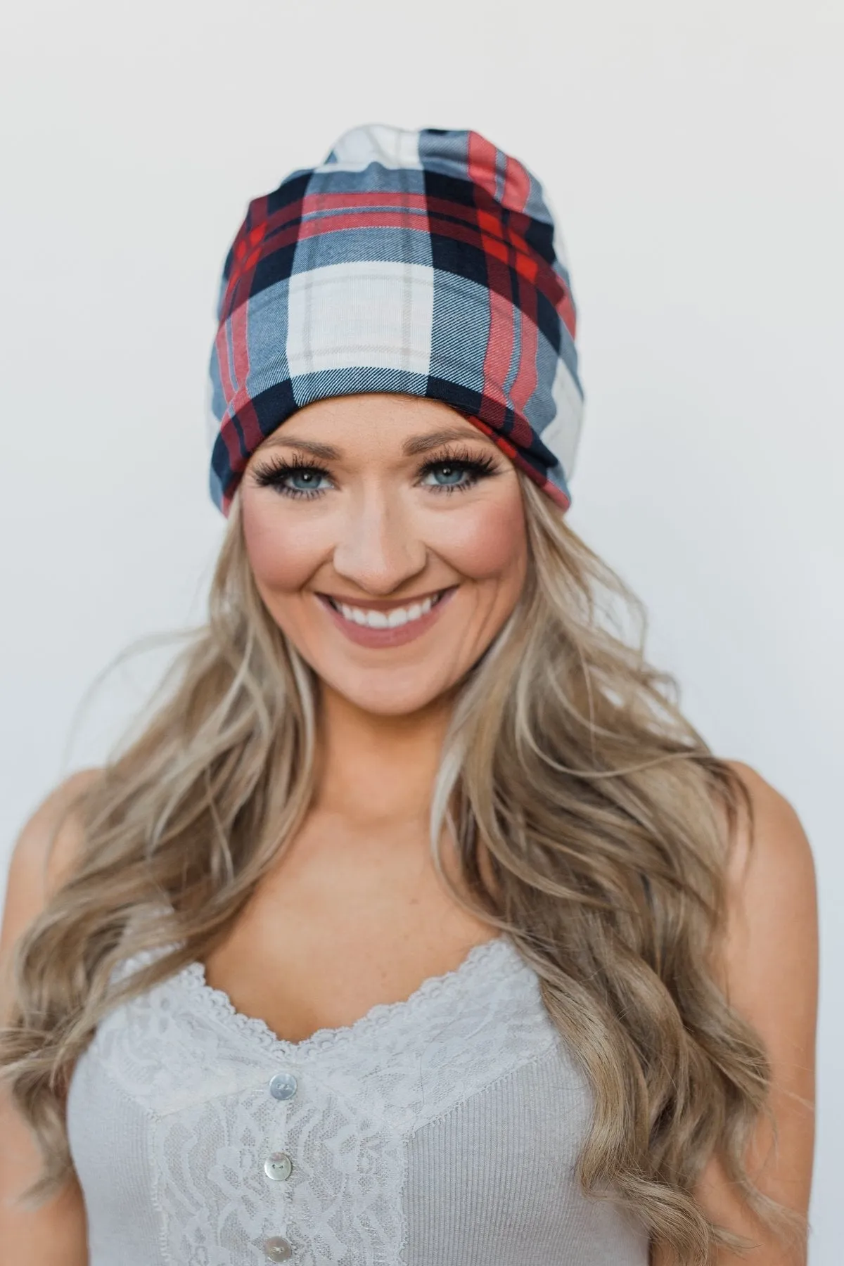 Plaid Beanie in Red & Blue