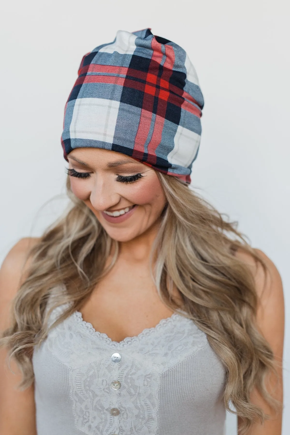 Plaid Beanie in Red & Blue