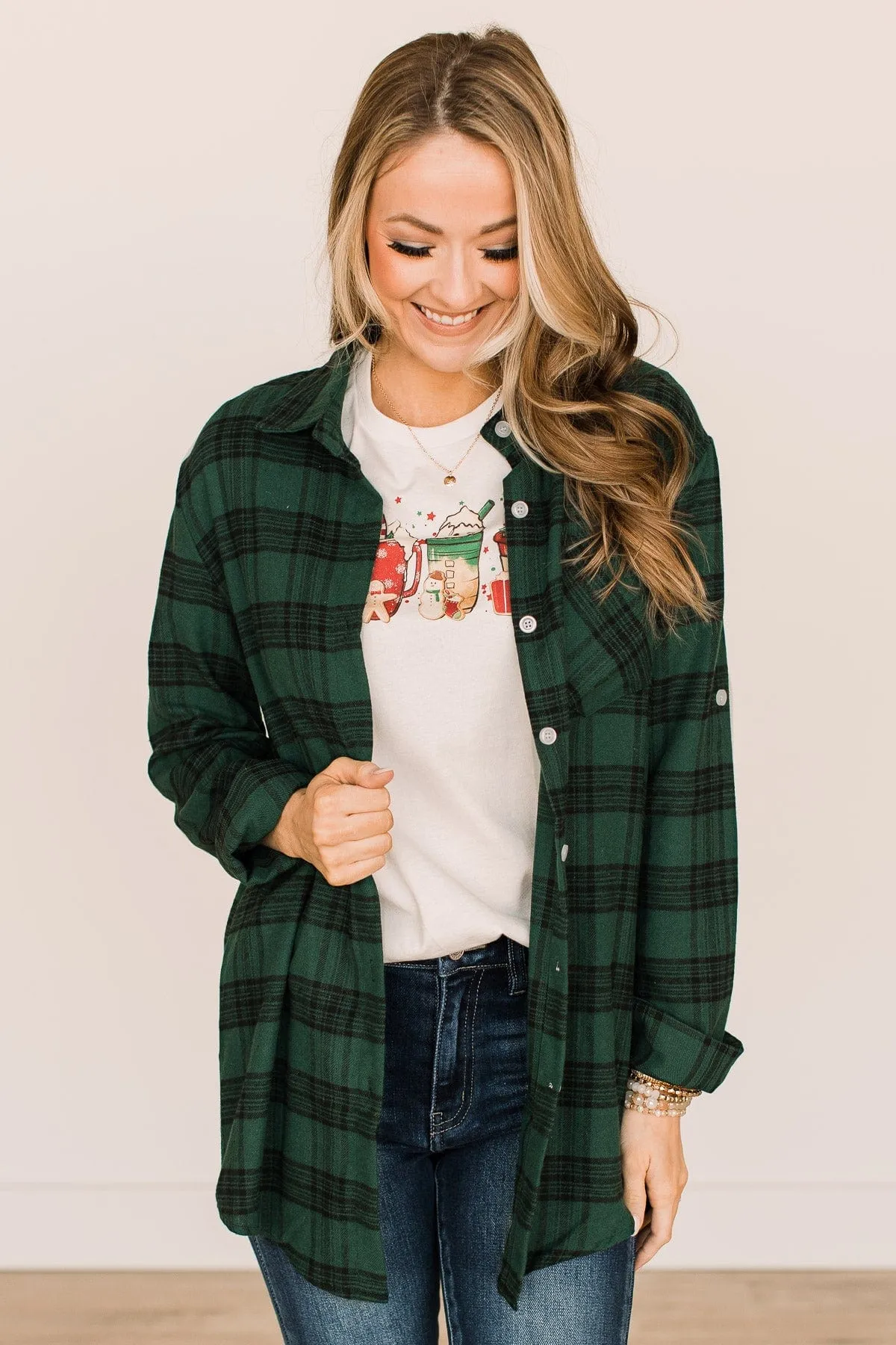 Hunter Green Plaid Button Top