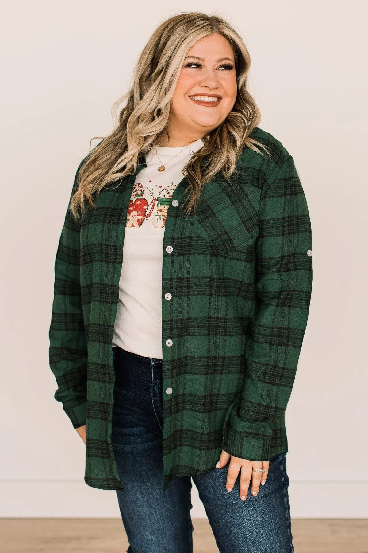 Hunter Green Plaid Button Top