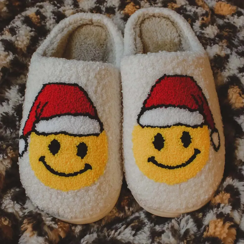 Sherpa Slippers featuring Happy Face Santa Design