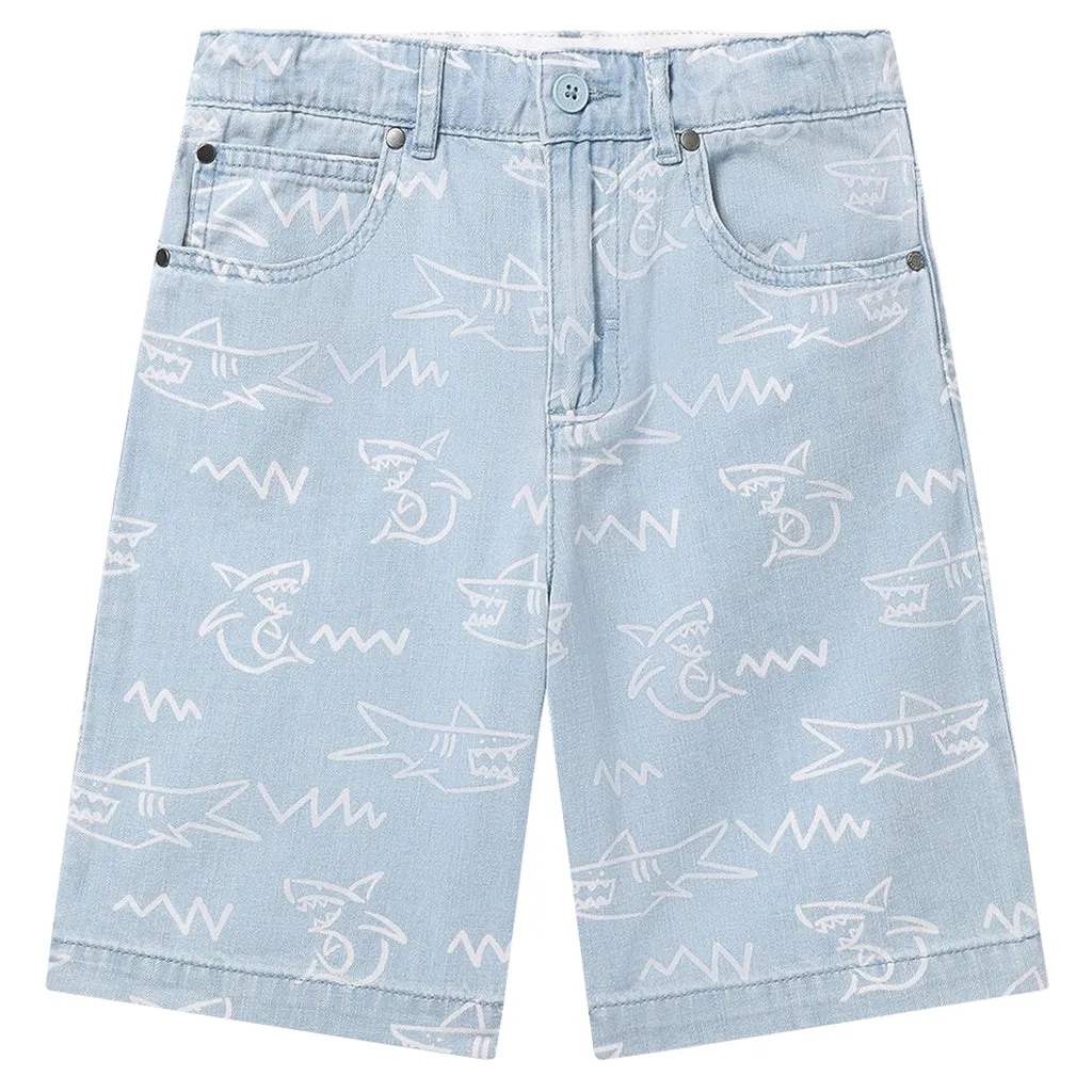 Child Denim Shorts With Sharks Print