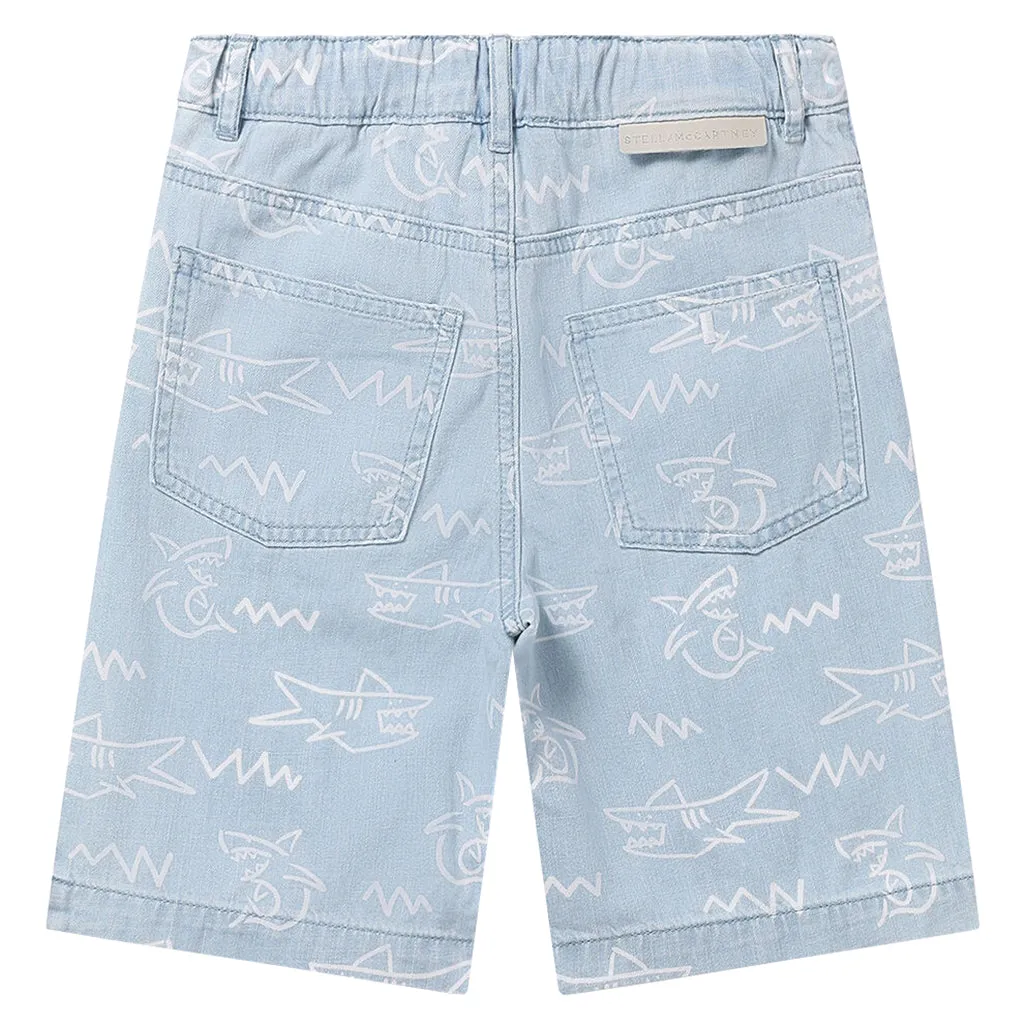 Child Denim Shorts With Sharks Print