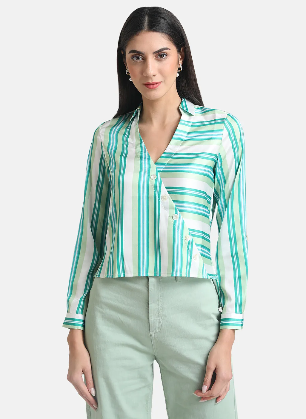 V Neck & Collar Satin Striped Top