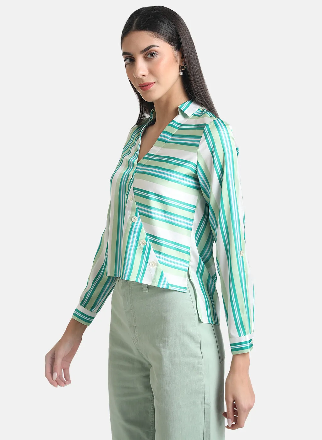 V Neck & Collar Satin Striped Top