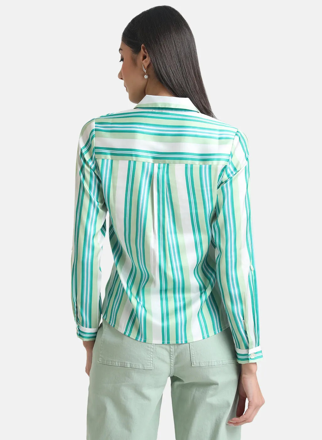 V Neck & Collar Satin Striped Top