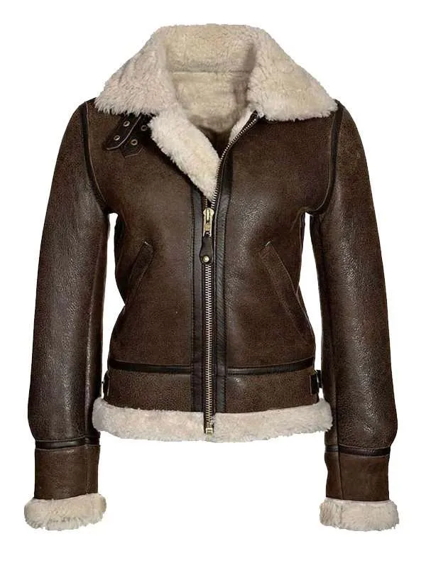 Distressed Brown Shearling Jacket for Women