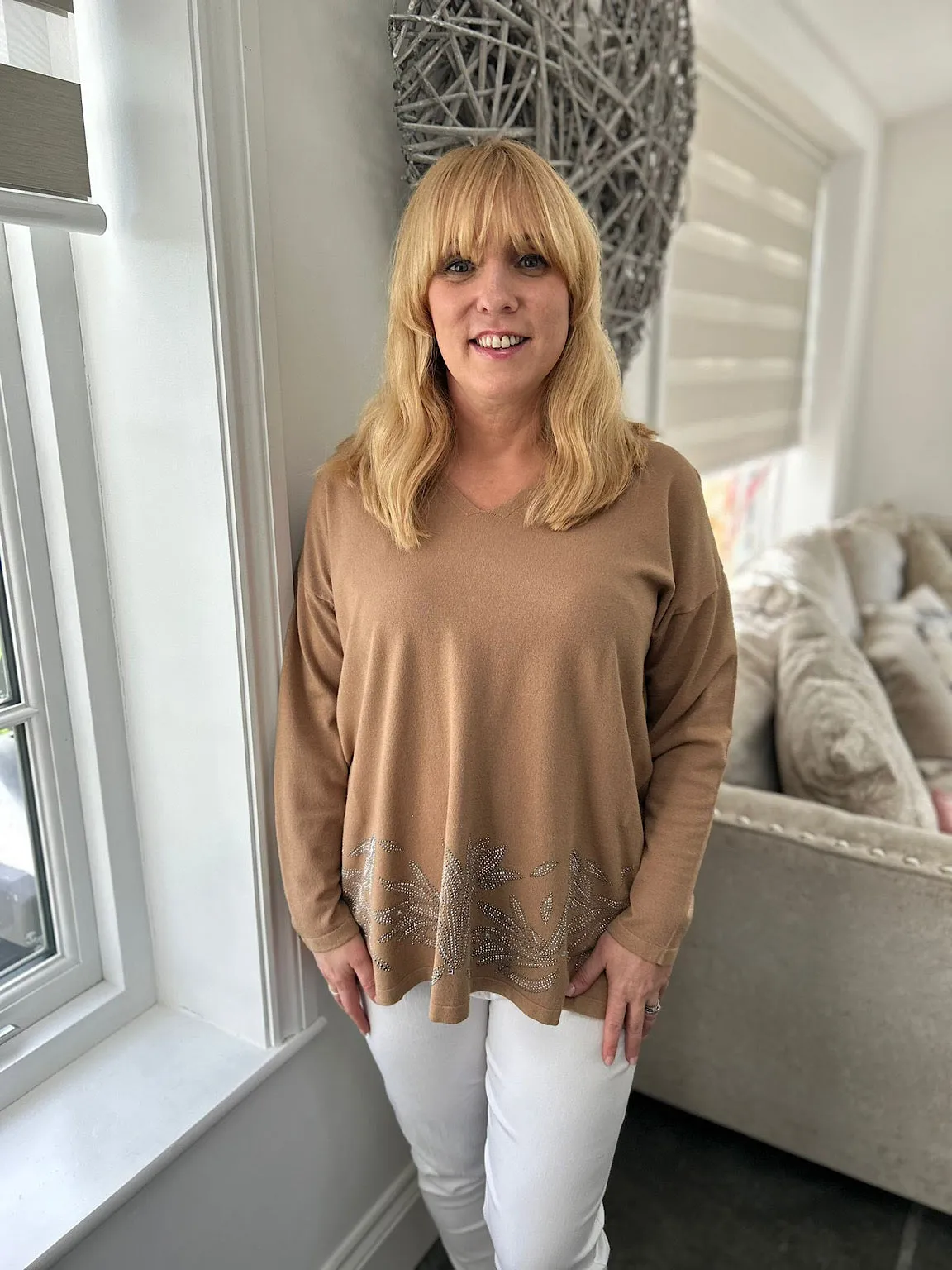 Tan Knit Top with Diamante Floral Hem