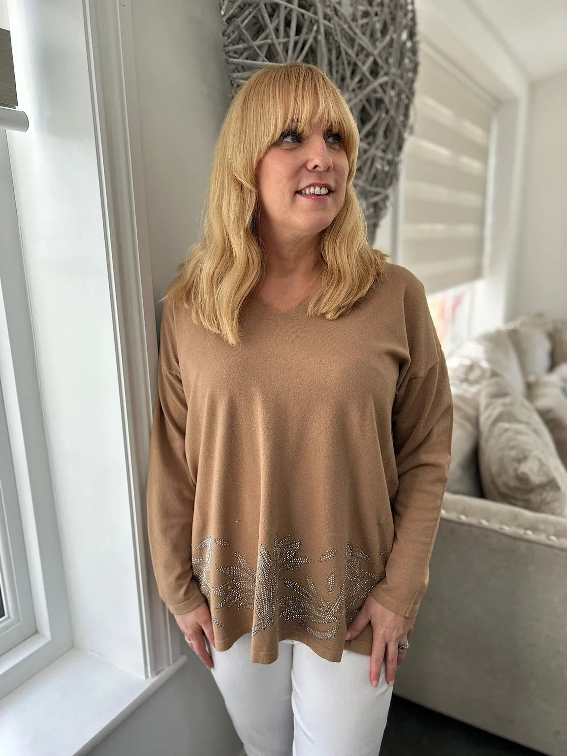 Tan Knit Top with Diamante Floral Hem