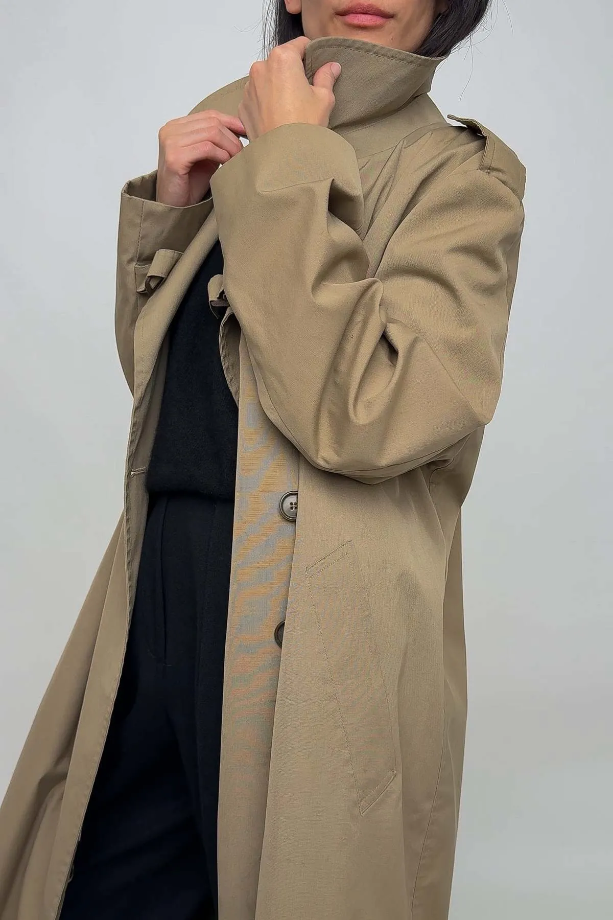 Taupe Double Breasted Trench Coat in Cotton Blend