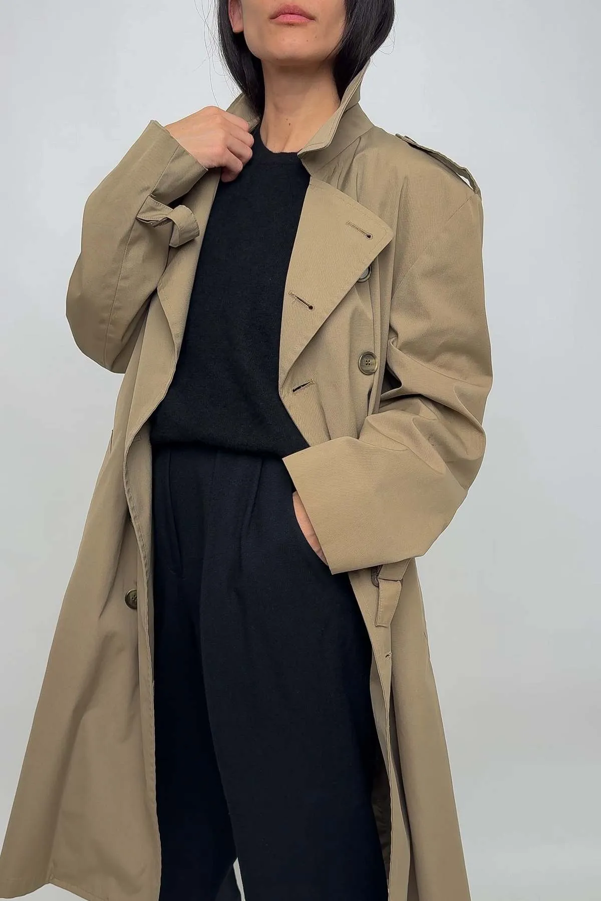 Taupe Double Breasted Trench Coat in Cotton Blend