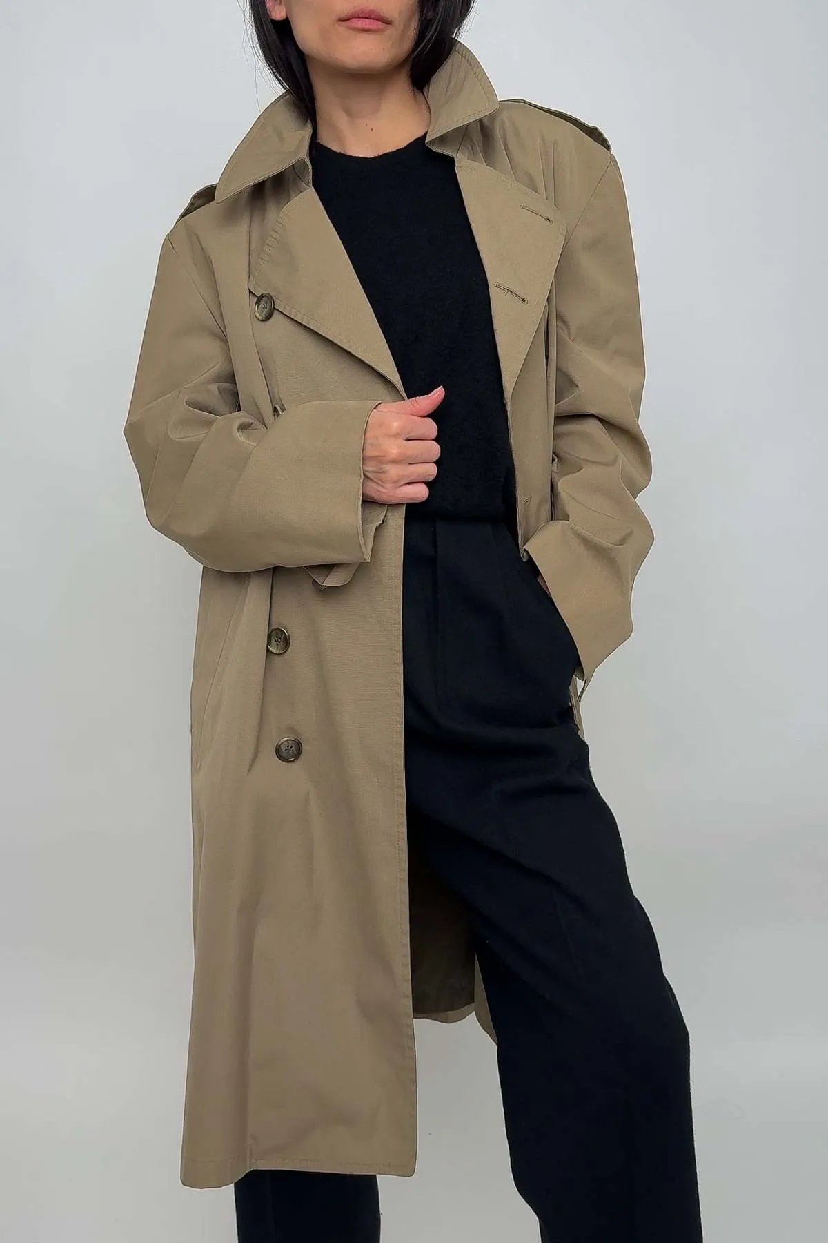 Taupe Double Breasted Trench Coat in Cotton Blend