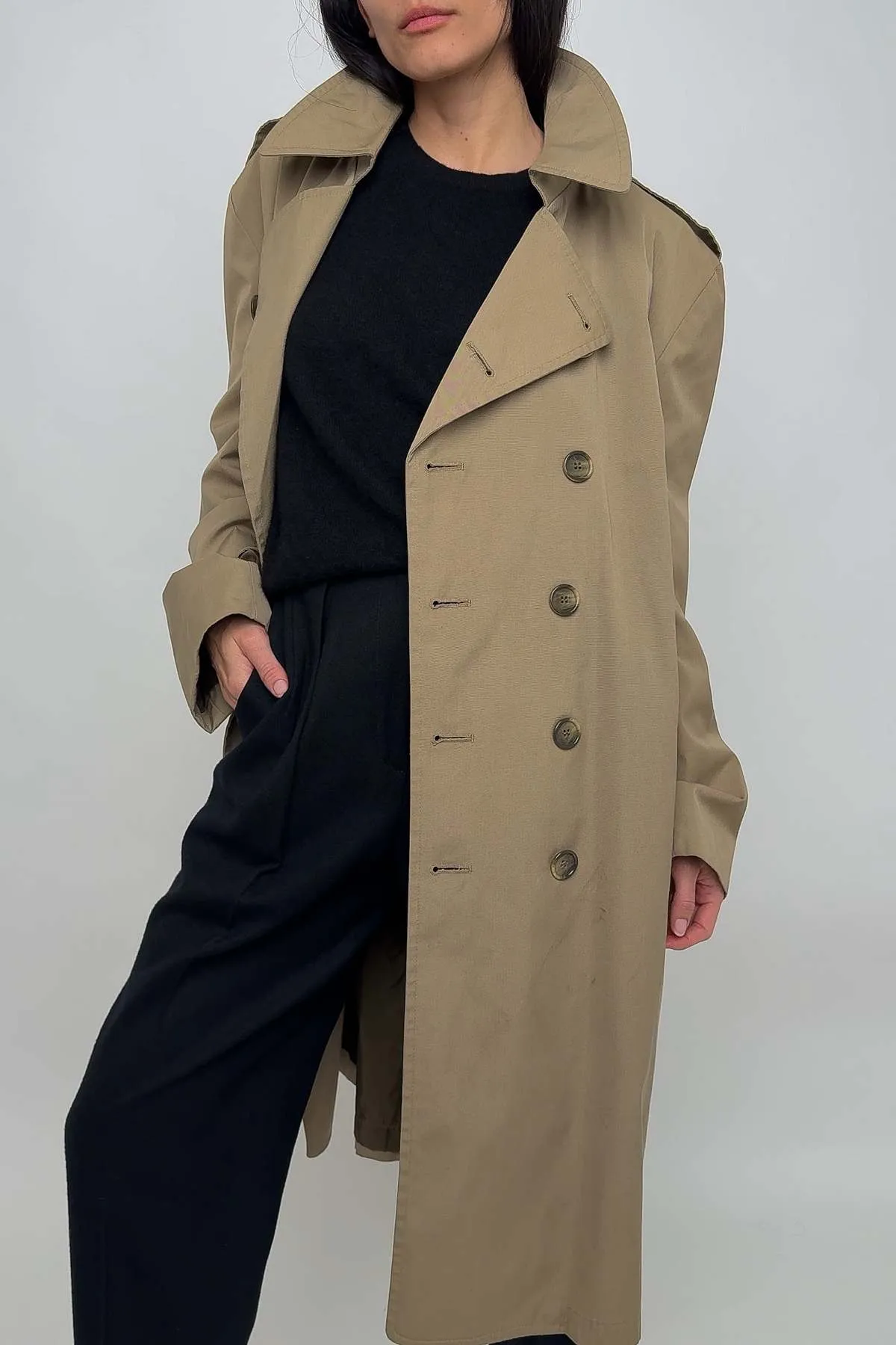 Taupe Double Breasted Trench Coat in Cotton Blend